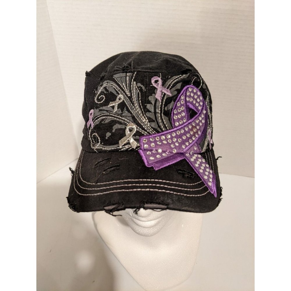 Leader L.O.G.A. Beaded Purple Ribbon Distressed Women's Ball Cap Hat Adjustable